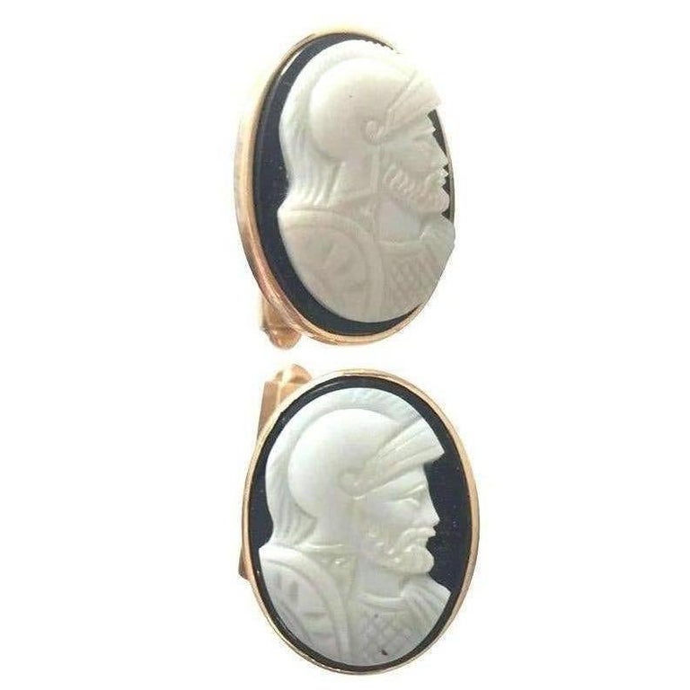 Hand Carved Shell "Knight" Cameo Cufflinks in 14-Karat with Bullet Back Clasp
