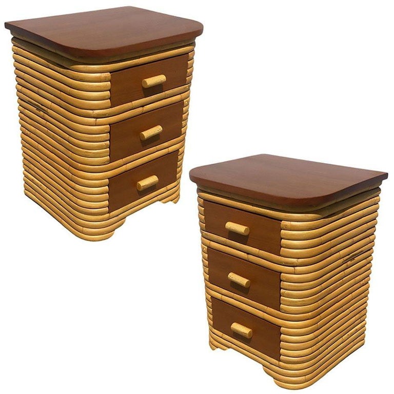 Restored Streamline Art Deco Stacked Rattan Bedside Table W/ Mahogany Top, Pair