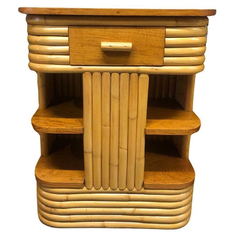 Restored Frankl Inspired Stacked Rattan Streamline Side Table w/ Floating Shelf