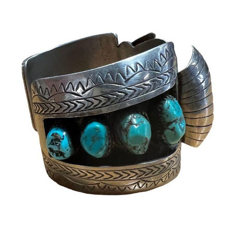 Silver Navajo Watchband Cuff w/ Bisbee Torqouise, Hyson Craig Style