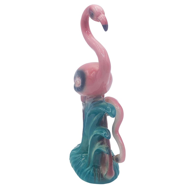 Mid-century Mother & Daughter Pink Flamingo Ceramic Tabletop Statue By Leftons