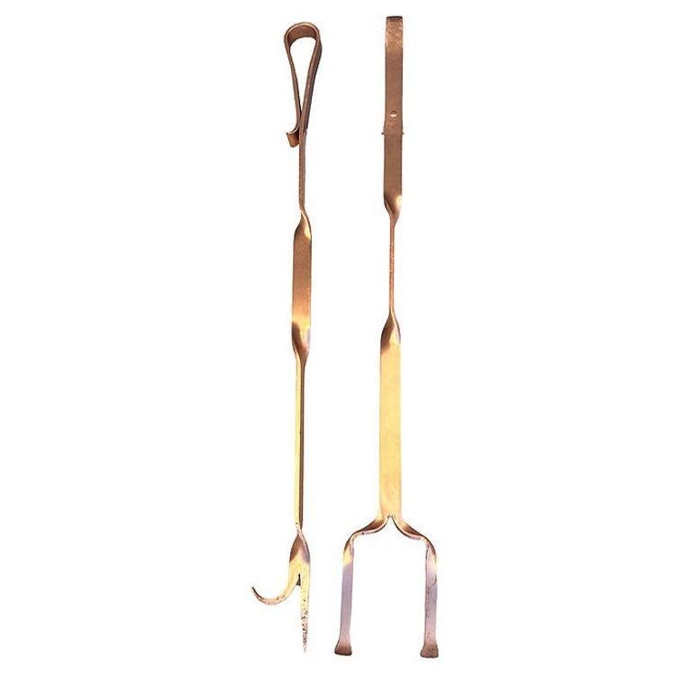 Solid Copper Art Deco Fireplace Poker and Tongs Tools