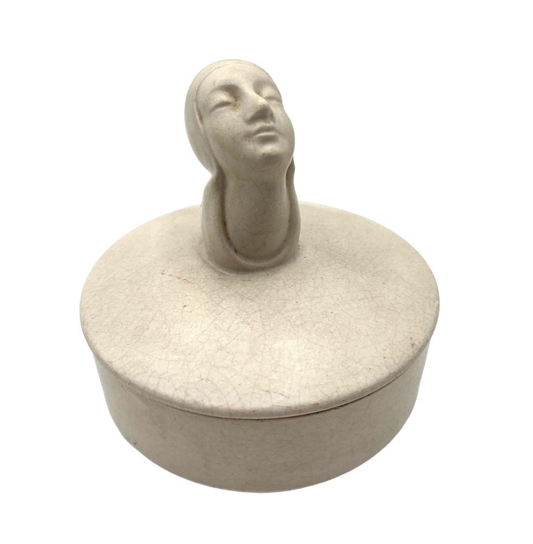 Mid-century Gray Earthenware Ceramic Vanity Powder Box w/ Female Bust Handle