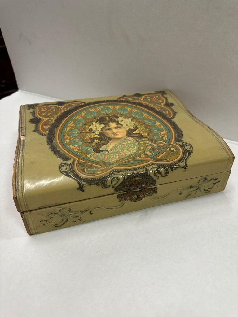 Art Nouveau Satin Lined Jewelry Box with/ Portrait on Cover