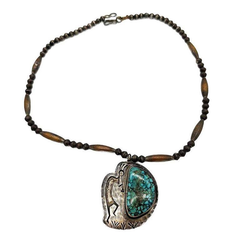 South Western Navajo Kokopelli Sterling Silver Necklace w/ Large Turquoise Stone