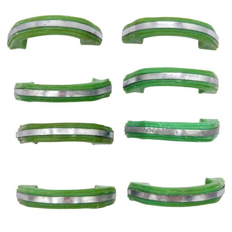 Art Deco Forest Green Bakelite Drawer Pulls w/ Chrome Strip, Set of 8