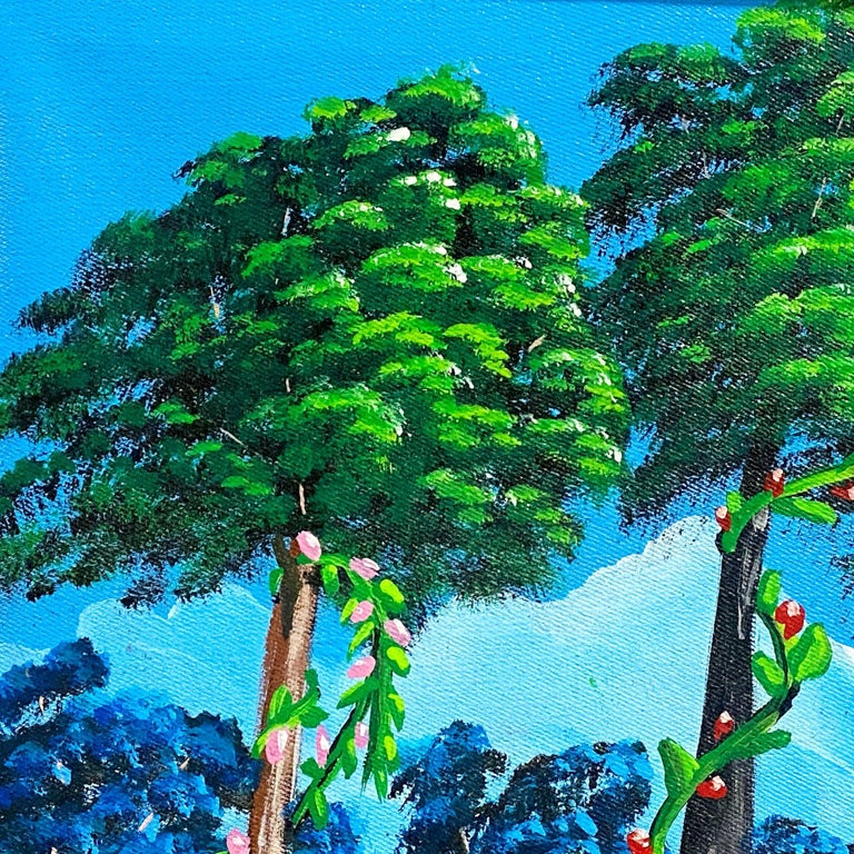 Large Tropical Hawaiian Scenic with Flamingos Oil on Canvas Signed