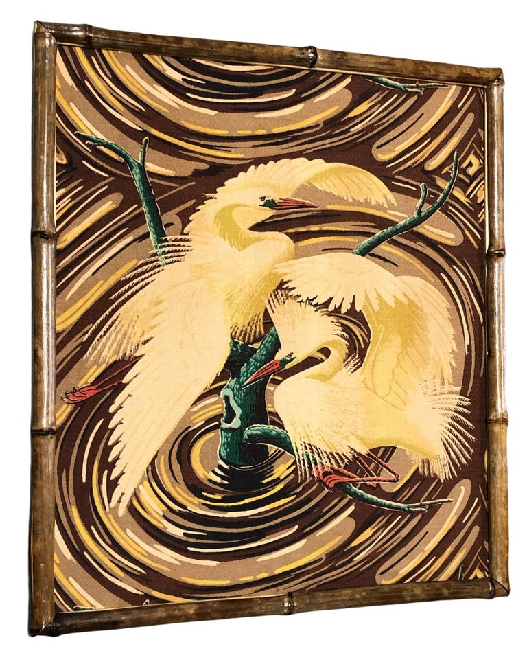 Restored 1949 Rattan Framed Square Crane Bark Cloth Fabric Sample by Spectrum