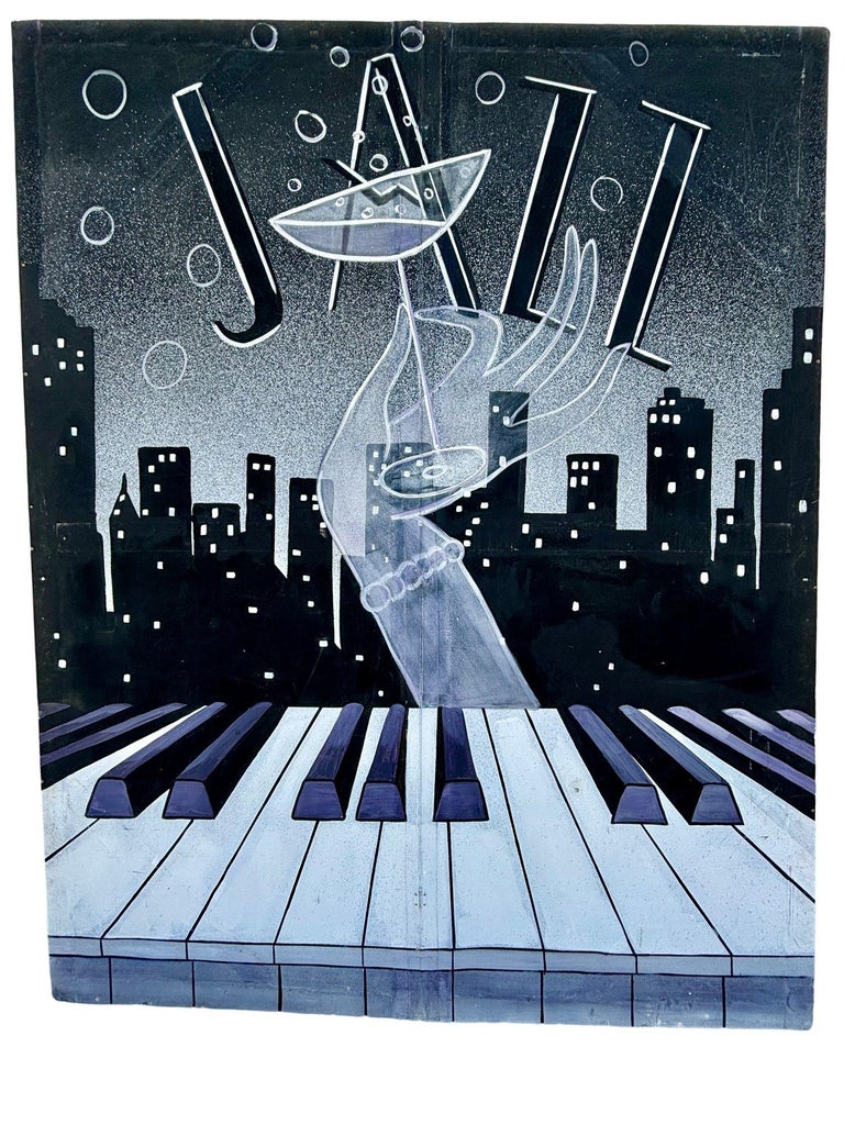 12' Foot Hand Painted Jazz Cityscape Oil on Canvas Screen