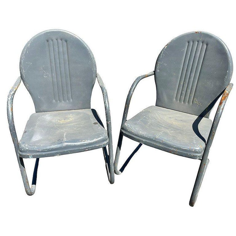 Mid-century Steel Round Streamline Springer Patio Outdoor Lounge Chair, Pair