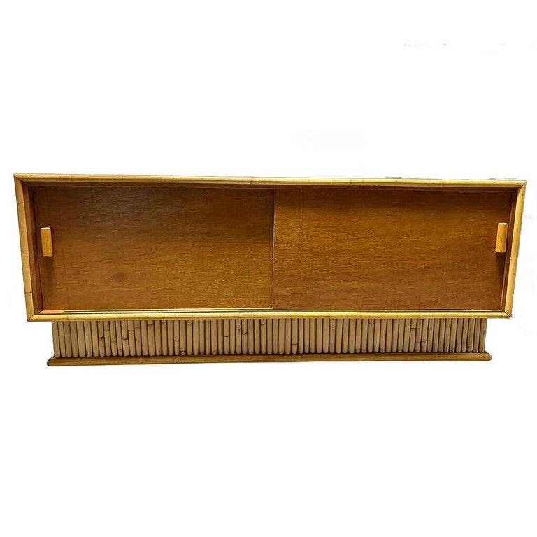 Restored Frankl Style Rattan & Mahogany Credenza TV Stand W/ Stacked Rattan Base