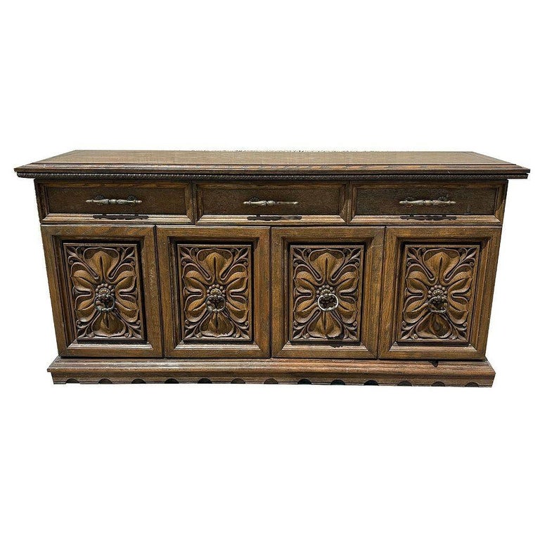 Mid Century Mediterranean Revival Carved Oakwood Buffet Cabinet