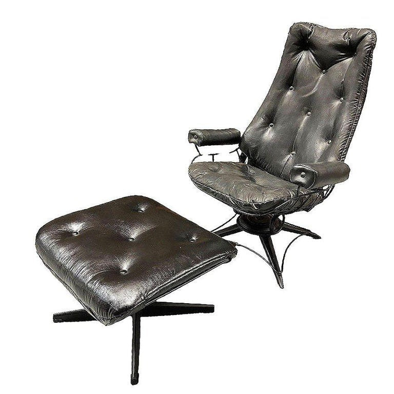 MCM Model 90 "Riviera" Swivel Springer Iron Lounge Chair w/ Ottoman by Homecrest