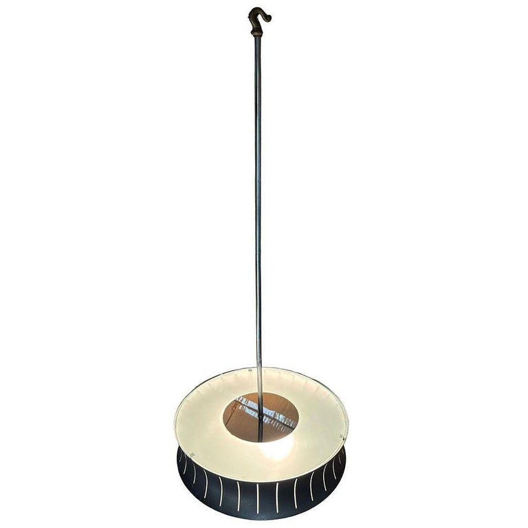 Restored Mid-Century Googie Drum Pendent Black and White Chandelier Lighting