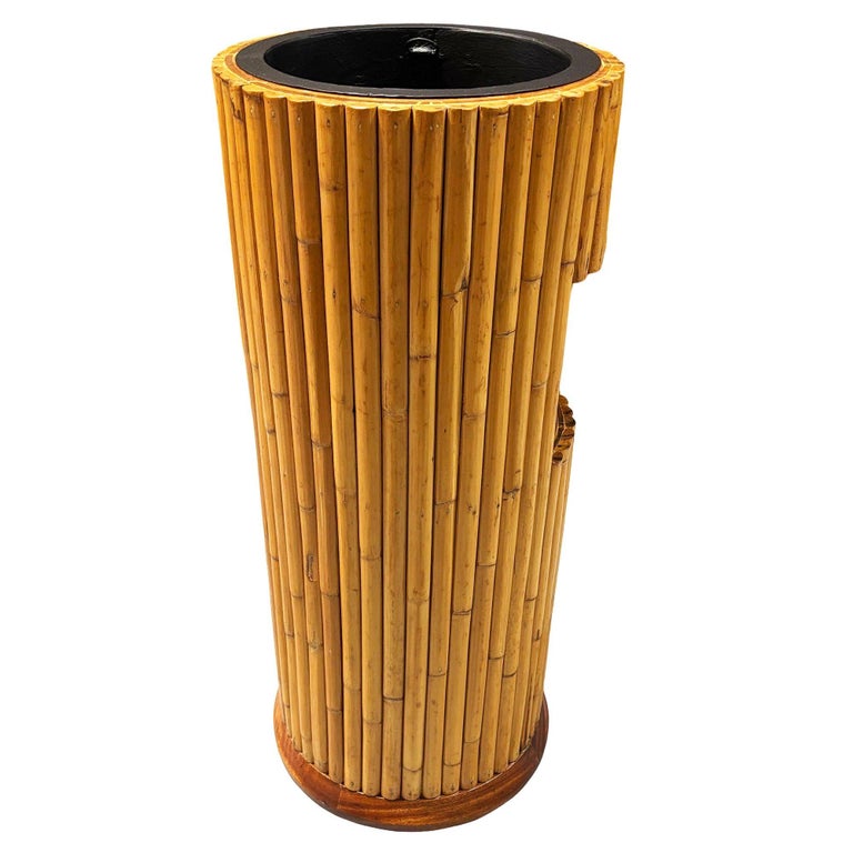 Restored Paul Frankl Style Stacked Rattan Planter Stand w/ Cubby