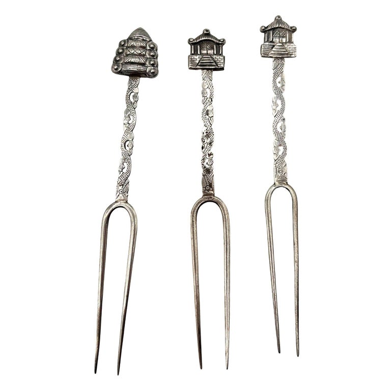 Victorian 1890 Chinese Export Silver Pickle Cocktail Fork, Set of 3