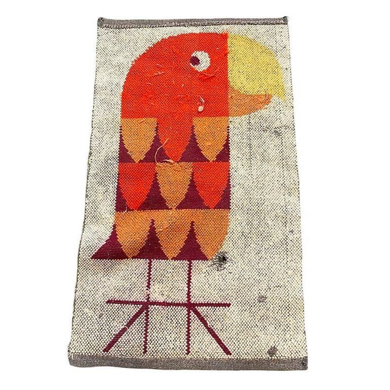 Mid-century 3' Foot Hand-Hooked Bird Tapestry Rug Wall Hanging