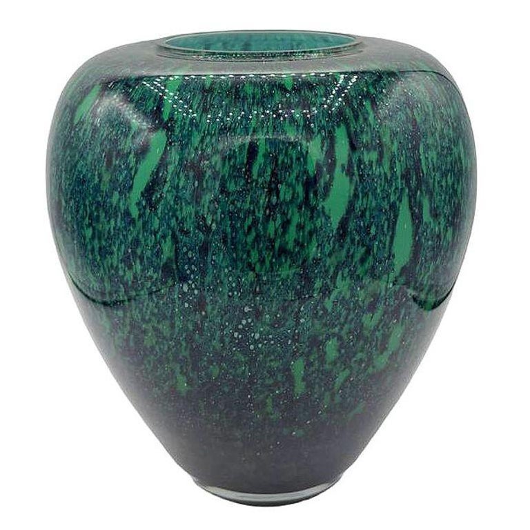 Large Hand-Blown Blue & Emerald Marbled Leaded Art Glass Vase, Unisgned
