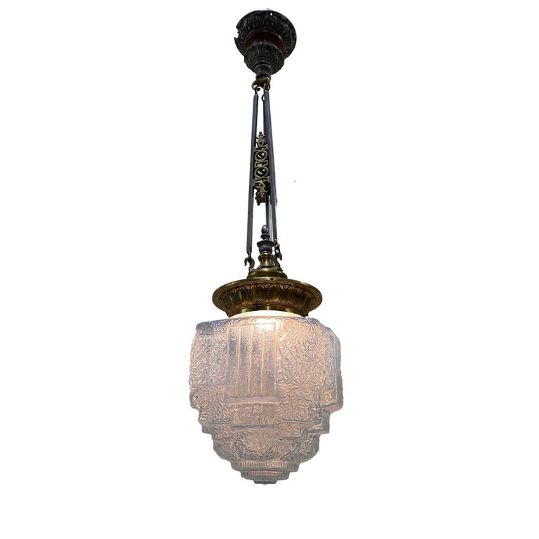 Art Deco Brass Ceiling Pendant w/ Stepped Blue Glass Deco Globe, Set of 4