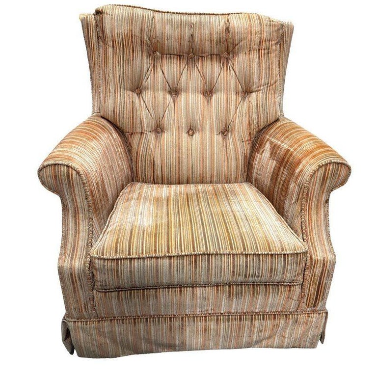 1970 Tuffted Velvet Gold Green Striped Swivel Arm Chair