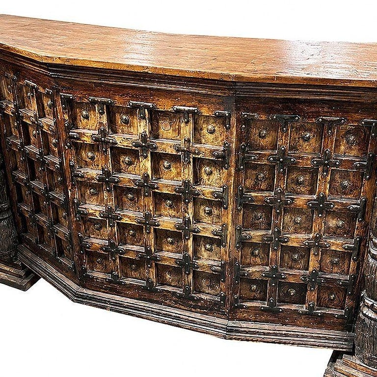 Spanish Colonial Style Antique Wood Bar w/ Iron Strapwork & Carved Columns