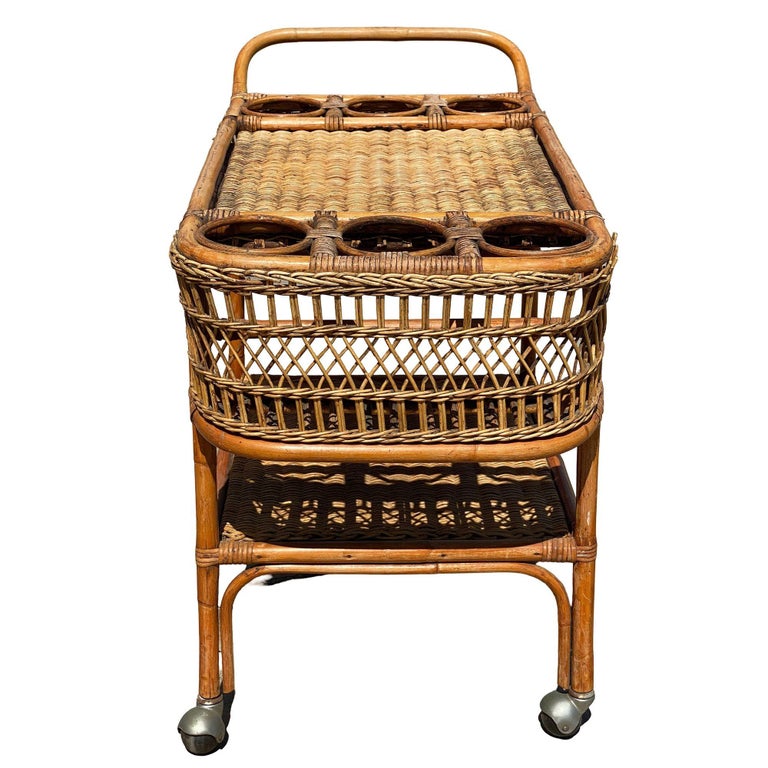 Restored Art Deco Stick Rattan Two-Tier Bar Cart w/ Woven WickerTops
