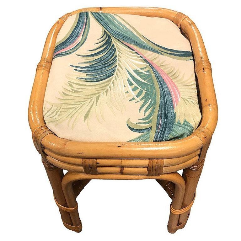 Restored Mid-century Rattan & Wicker Triple Arched Vanity Stool w/ Palm Fabric