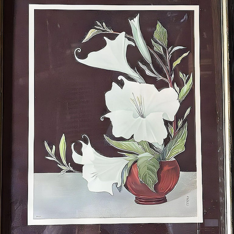 Ikebana Arranged White Petunia Foral Scenic Lithograph by Lithoin, Framed