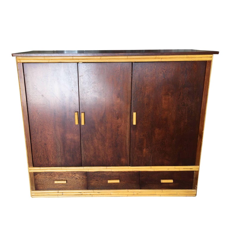 Rare Restored Bespoke Rattan & Mahogany Armoire