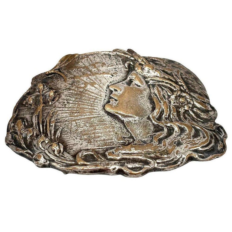 Vintage Art Nouveau Silver Plated Brass Female Portrait Belt Buckle