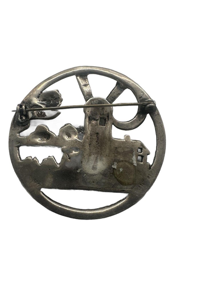 Vintage 925 Sterling Silver Delft Dutch Windmill Floral Brooch Pin