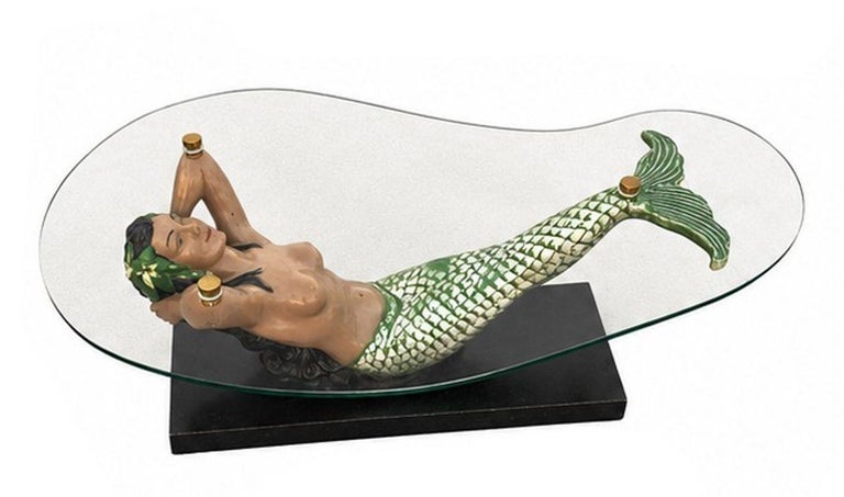 MCM Sculptural Nude Mermaid Biomorphic Cocktail Table w/ Pair of End Tables