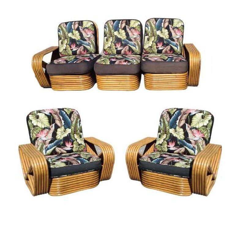Restored 6-Strand Square Pretzel Rattan Lounge Chair, Sofa Livingroom Set