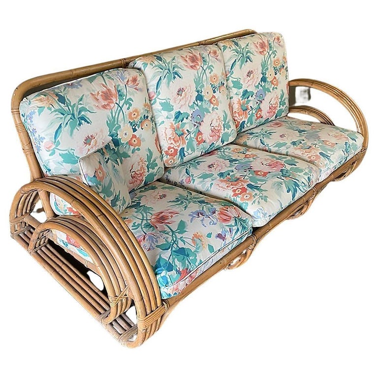 Rare Restored Double Tear Drop Stacked Rattan Lounge Chair Sofa Livingroom Set