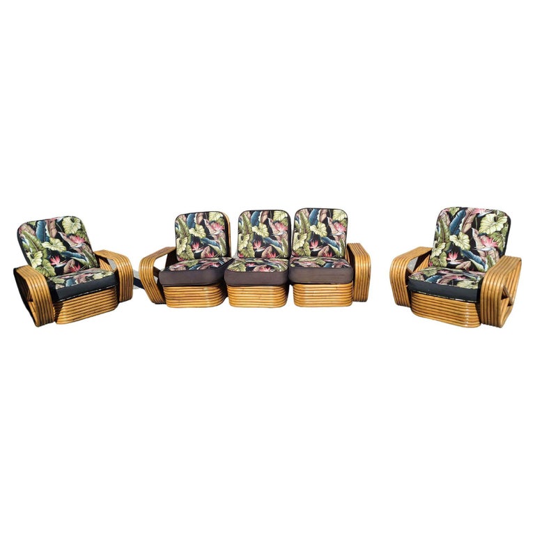 Restored Art Deco Six-Strand Stacked Rattan Sofa and Lounge ChairLiving Room set