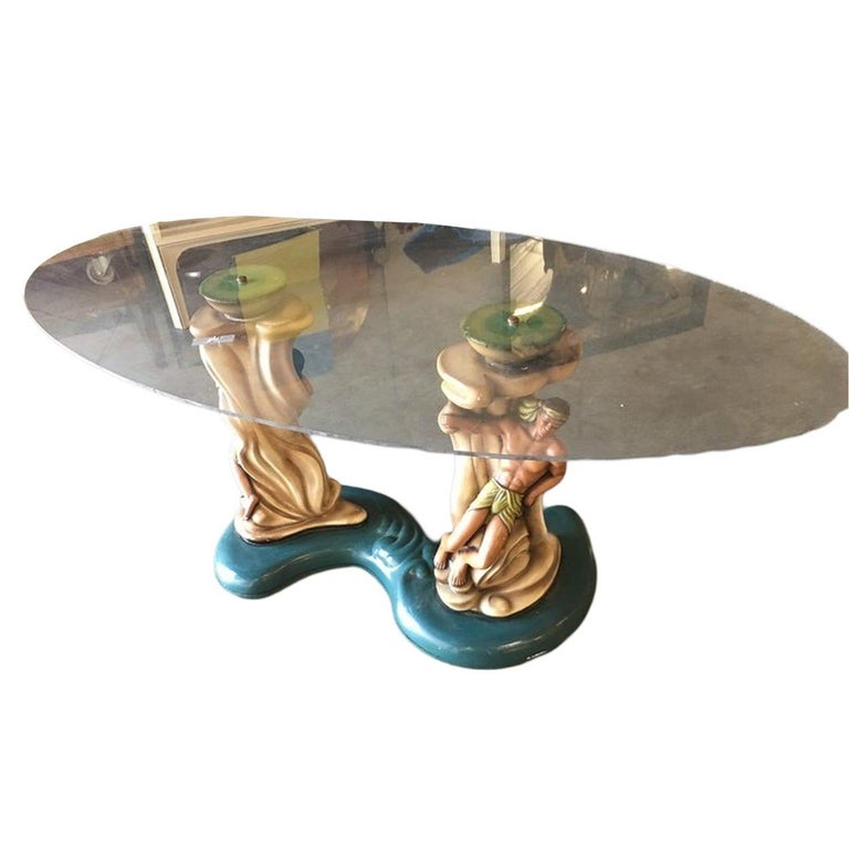 Rare Hawaiian Inspired Scuptural Chalkware Coffee Table w/ Man & Woman