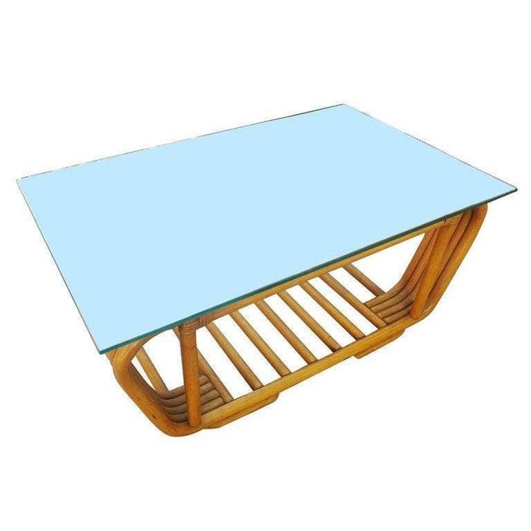 Restored Five Strand Rattan Coffee Table with Floating Glass Top