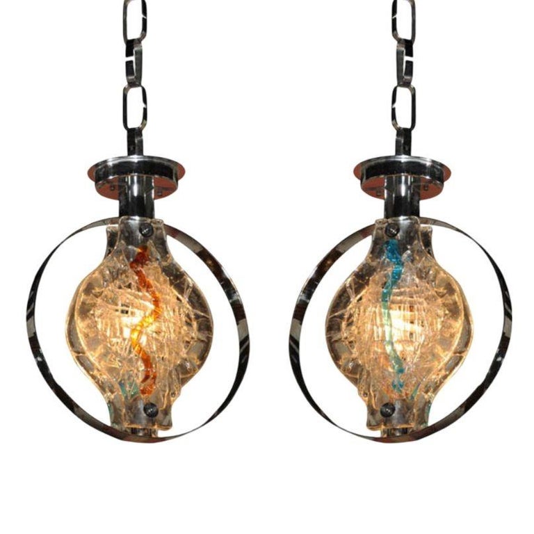 Vistosi Gino Murano Glass Pendant Lights, Pair