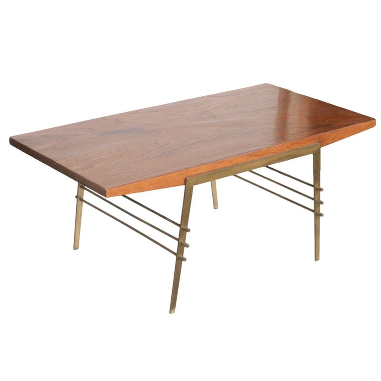 Midcentury Oak Coffee Table with Brass Architectural Base