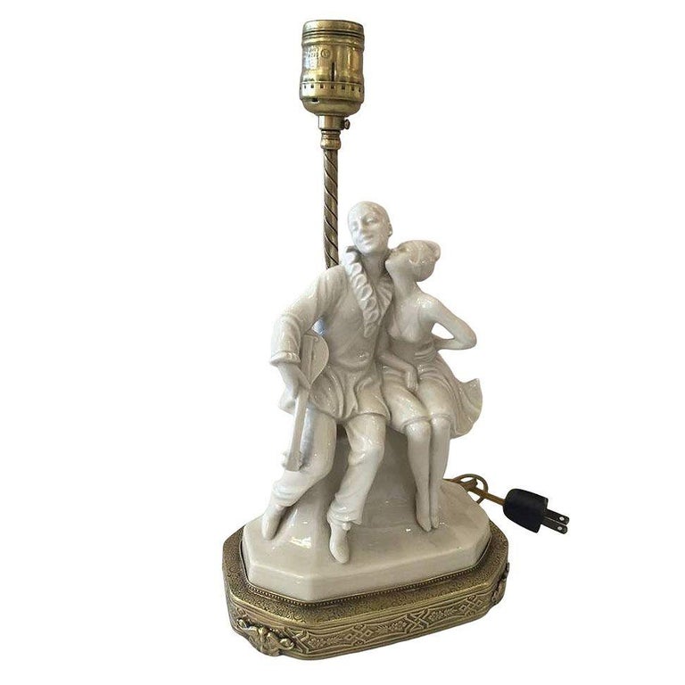 Porcelain Figural Harlequin Lamp with Brass Base, circa 1920