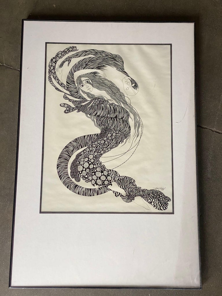 Hand Inked on Paper Surrealist Female Portrait drawing Signed Ken Kreel 1989