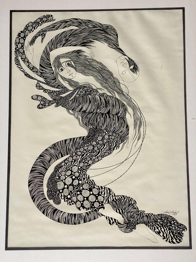 Hand Inked on Paper Surrealist Female Portrait drawing Signed Ken Kreel 1989