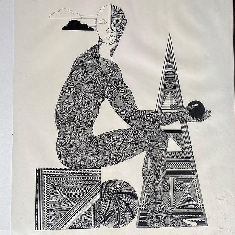 Hand Inked on Paper Surrealist Male Portrait Drawing Signed Ken Kreel 1989