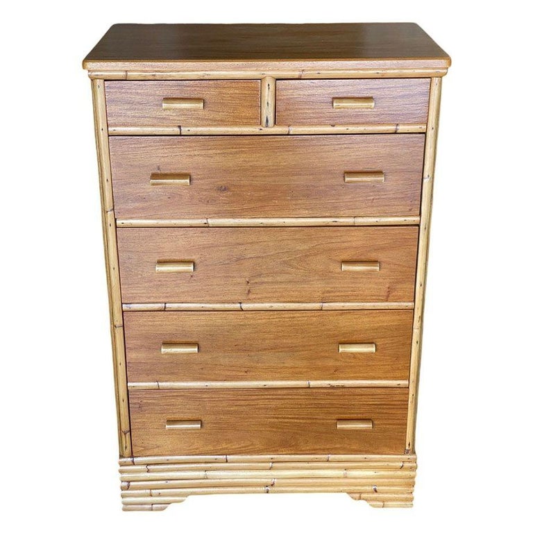 Restored Mid-century Stacked Rattan & Mahogany Highboy Dresser by Kane Kraft