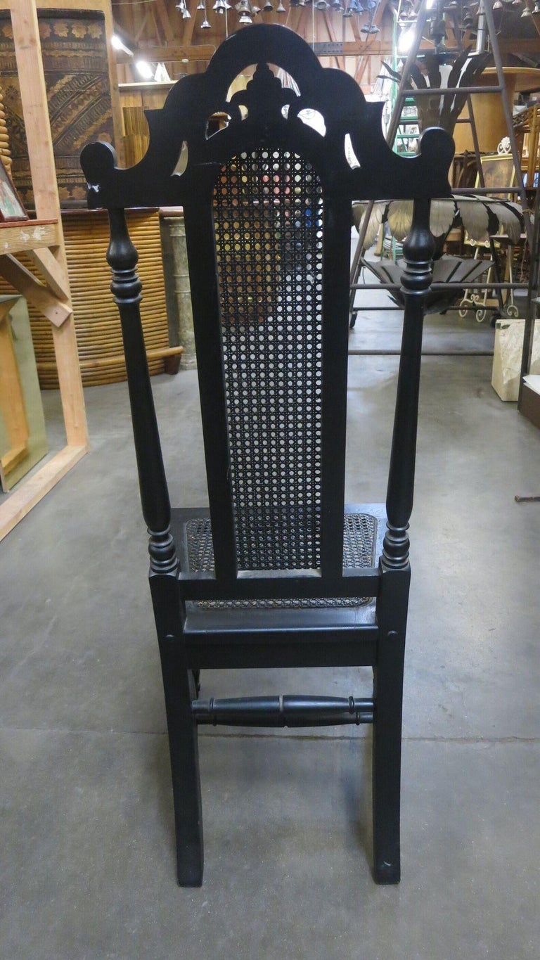 Hand Carved Black Stained Oak Gothic Revival Side Chair w/ Wicker Seat