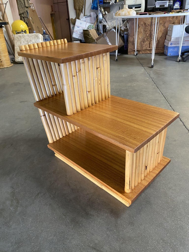 Restored Mid-Century Vertically Stacked Geometric Rattan Side Table, Mahogany