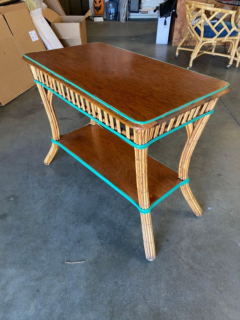 Restored Presidential Stick Reed Rattan TV Stand/Console Table w/ Mahogany Top