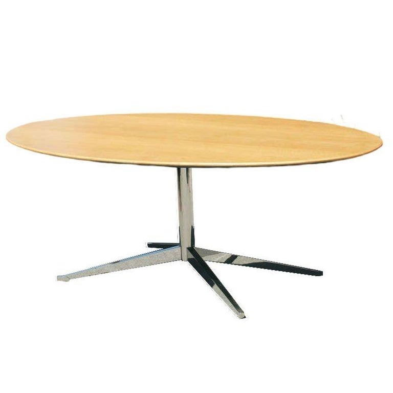 Florence Knoll Oak and Re-Chromed Steel Base Dining or Conference Table