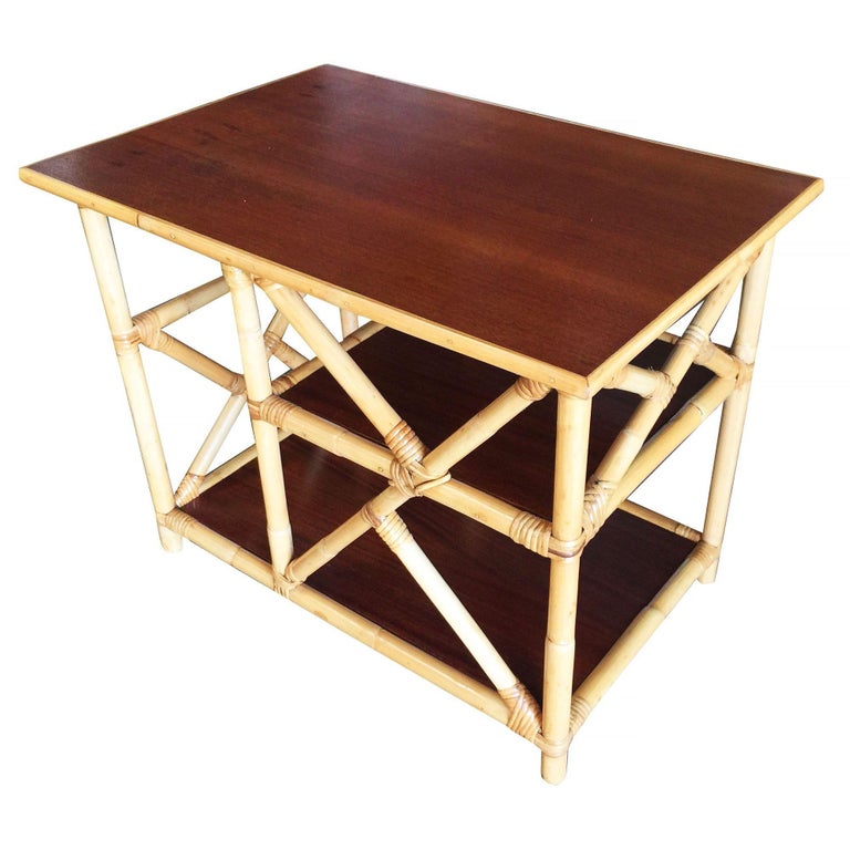 Restored Mahogany and Rattan Three-Tier Side Table