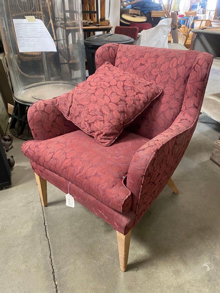 Mid Century Modern Wingback Lounge Chair Burgundy Leaf Print Pair
